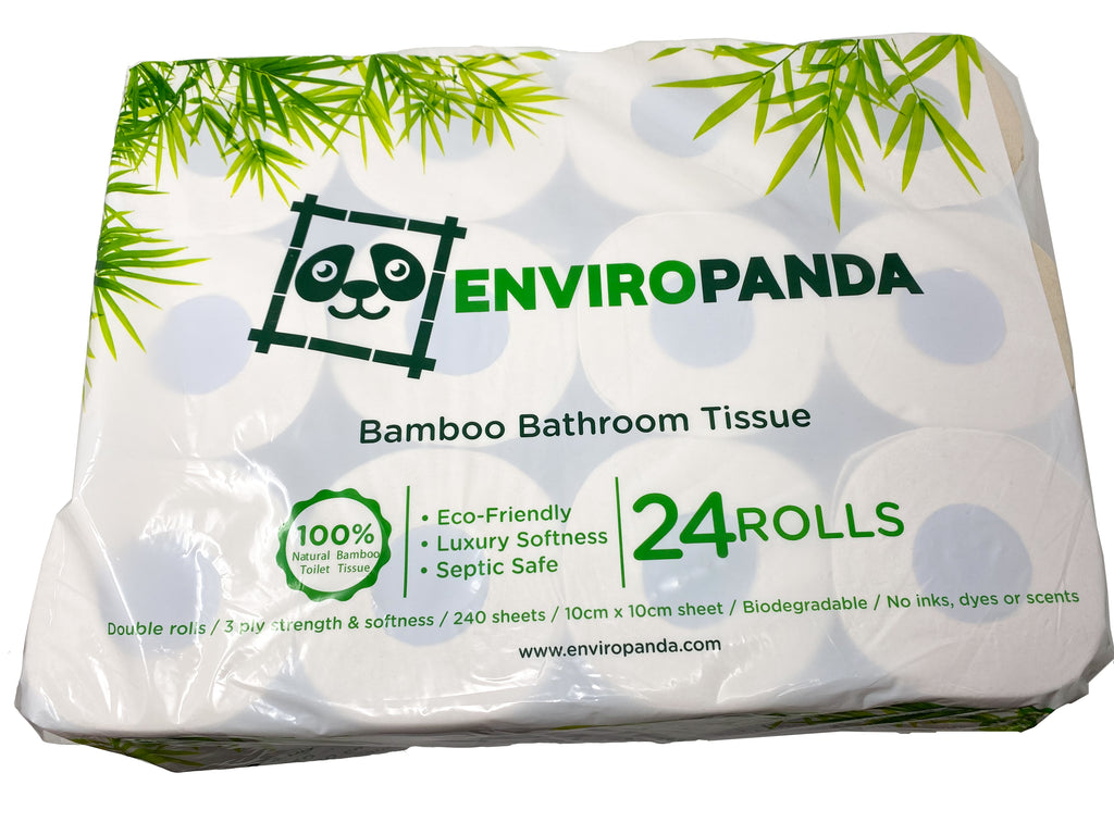 Top view of a package of 24 rolls of EnviroPanda toilet paper